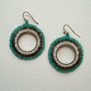 Elegant Turquoise and Brown Beaded Hoop Earrings